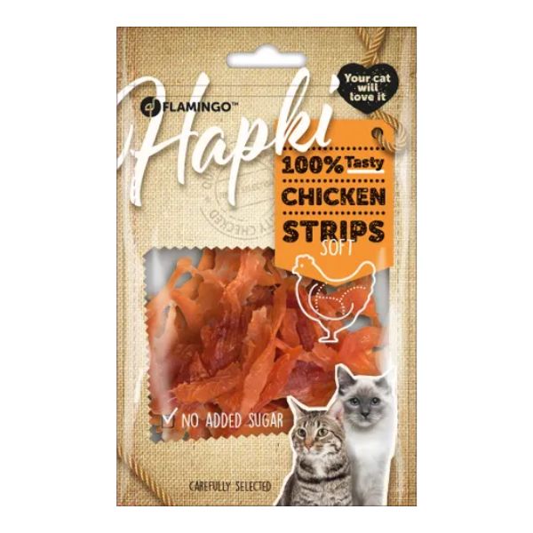 FLAMINGO – SNACK PARA GATO TIRAS DE HAPKI FRANGO